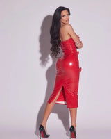 Love Always Strapless Midi Dress - Red side view highlighting midi hemline
