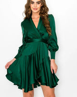 Love Story Satin Wrap Mini Dress - Green close up detail of satin design