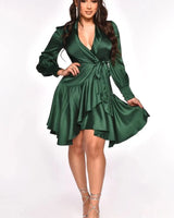 Love Story Satin Wrap Mini Dress - Green front view showing mini dress silhouette