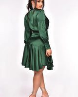 Love Story Satin Wrap Mini Dress - Green side view highlighting short hemline