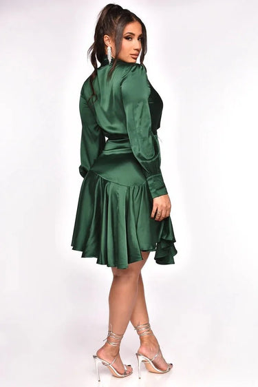 Love Story Satin Wrap Mini Dress - Green side view highlighting short hemline
