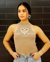 Lovely Heart Cutout Top – Beige Knit Turtleneck - women's sleeveless top