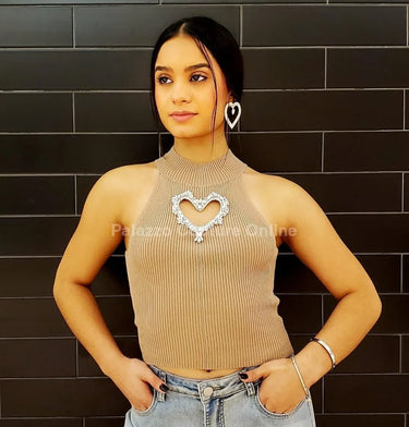 Lovely Heart Cutout Top – Beige Knit Turtleneck - women's sleeveless top
