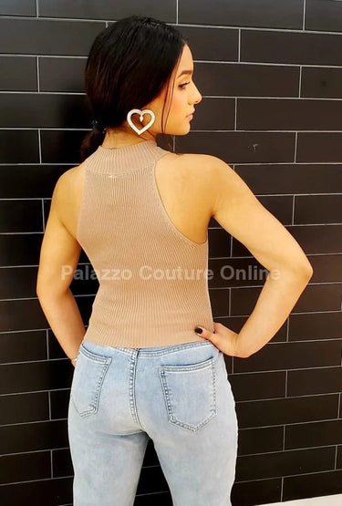 Lovely Heart Cutout Top – Beige Knit Turtleneck - chic top by Palazzo Couture