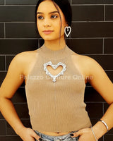 Lovely Heart Cutout Top – Beige Knit Turtleneck for women - top by Palazzo Couture