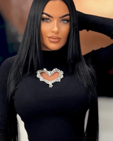 Black turtleneck top with heart-shaped chest cutout design