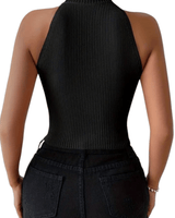 Ribbed sleeveless top in black with heart cutout neckline