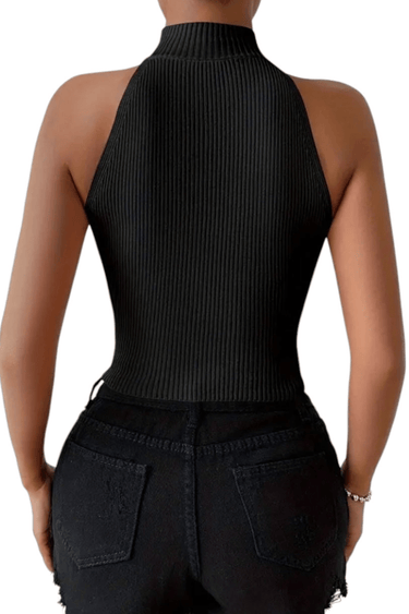 Ribbed sleeveless top in black with heart cutout neckline