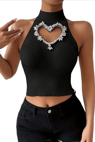Black heart cutout sleeveless top with heart-shaped front cutout