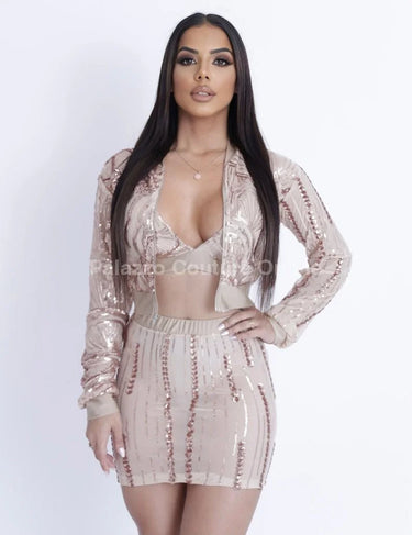 Lovely Night Nude Skirt Set with Sequin Detail side view showing skirt silhouette and fit