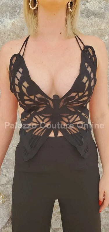 Luby Butterfly Lace Pant Set (Black) showing coordinated top and pants construction