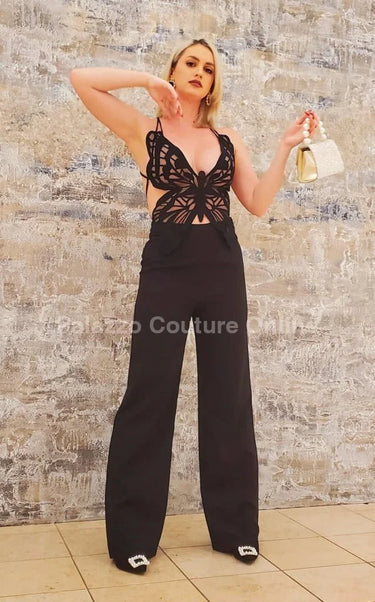 Luby Butterfly Lace Pant Set (Black) side view showing pants silhouette and fit