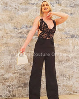 Luby Butterfly Lace Pant Set (Black) close up of lace top design and fabric detail