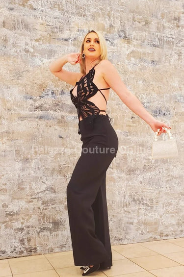 Luby Butterfly Lace Pant Set (Black) full body look paired with heels and accessories