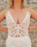 Luby Butterfly Lace Pant Set (White) side view showing pants silhouette and fit