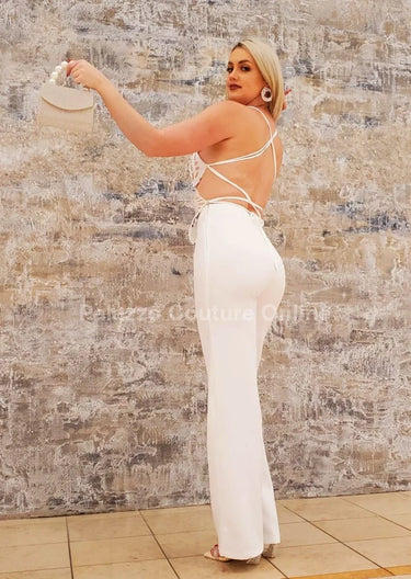 Luby Butterfly Lace Pant Set (White) full body look paired with heels and accessories