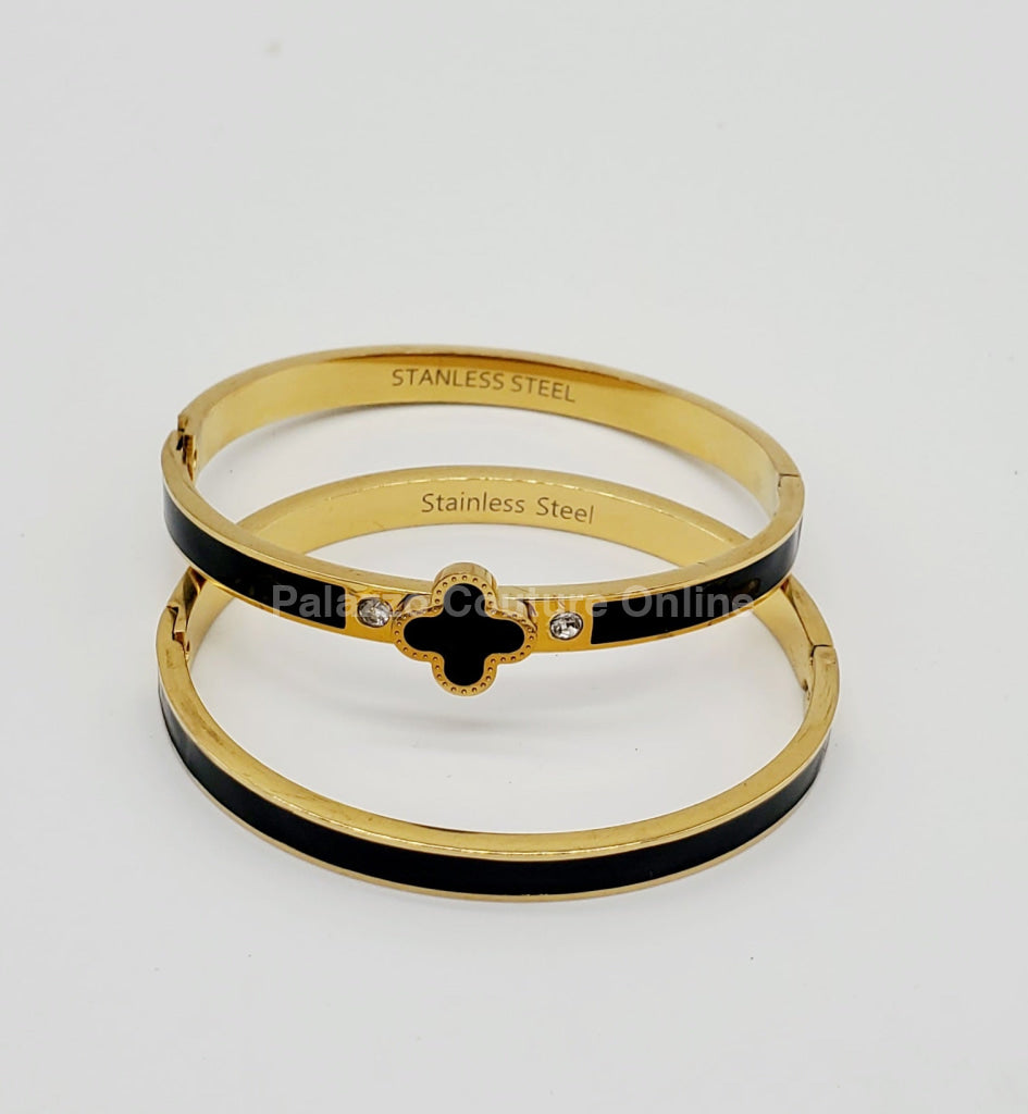 Lucky Clover Narrow Enamel Hinged Bangle (Black) Bracelet