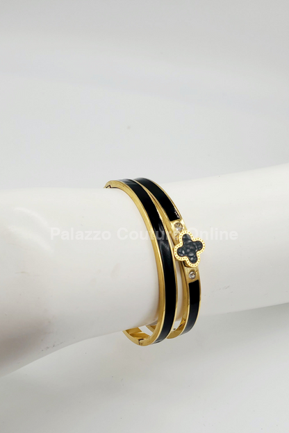 Lucky Clover Narrow Enamel Hinged Bangle (Black) Black Bracelet