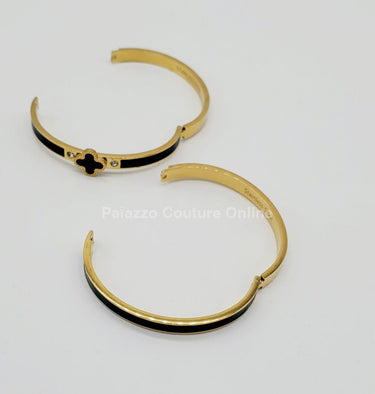 Lucky Clover Narrow Enamel Hinged Bangle Clover (Black) - Palazzo Couture Online