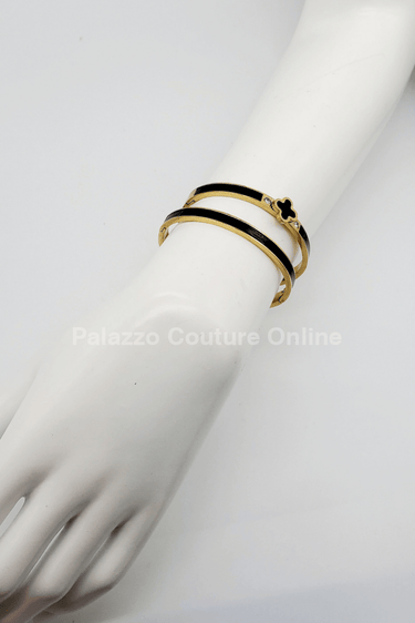 Lucky Clover Narrow Enamel Hinged Bangle Clover (Black) - Palazzo Couture Online