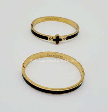 Lucky Clover Narrow Enamel Hinged Bangle Clover (Black) - Palazzo Couture Online