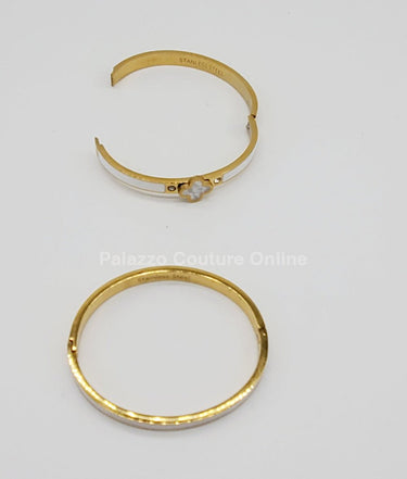 Lucky Clover Narrow Enamel Hinged Bangle Clover (White ) - Palazzo Couture Online