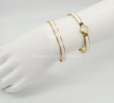 Lucky Clover Narrow Enamel Hinged Bangle Clover (White ) - Palazzo Couture Online