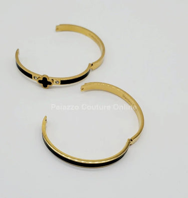 Lucky Clover Narrow Enamel Hinged Bangle Clover (Black) - chic women's accessory