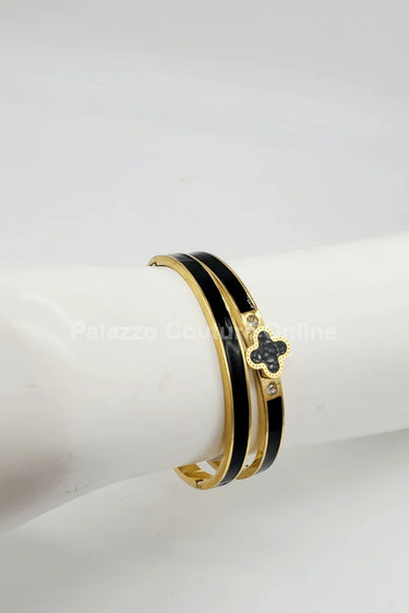 Lucky Clover Narrow Enamel Hinged Bangle Clover (Black) - women's statement jewelry
