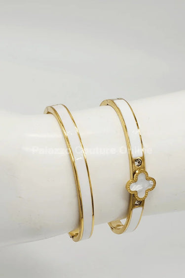 Lucky Clover Narrow Enamel Hinged Bangle Clover (White ) - women's statement jewelry