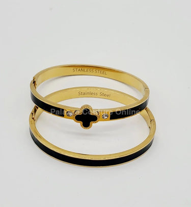 Lucky Clover Narrow Enamel Hinged Bangle Clover (Black) - stylish accessory for every outfit