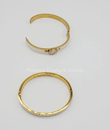 Lucky Clover Narrow Enamel Hinged Bangle Clover (White ) - elegant piece by Palazzo Couture