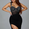 Lucky Me Black Skirt Set with Rhinestone Bodysuit Top front view showing complete two piece skirt set