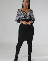 Lumina Babe Knit Midi Dress with Off-Shoulder V Neck close up detail of off-shoulder design