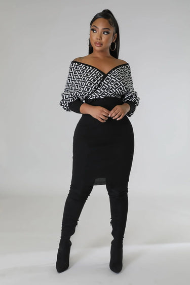 Lumina Babe Knit Midi Dress with Off-Shoulder V Neck close up detail of off-shoulder design