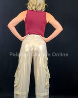 Beige cargo pants with high-shine fabric