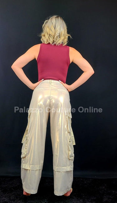 Beige cargo pants with high-shine fabric