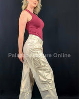 Stretch beige cargo pants with structured waistband
