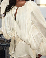 Lumière Drape Luxe Shorts Set - Tan showing coordinated top and shorts construction