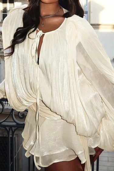 Lumière Drape Luxe Shorts Set - Tan showing coordinated top and shorts construction