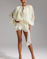 Lumière Drape Luxe Shorts Set - Tan front view showing complete two piece short set