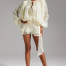 Lumière Drape Luxe Shorts Set - Tan front view showing complete two piece short set