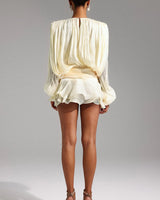 Lumière Drape Luxe Shorts Set - Tan side view showing shorts fit and silhouette