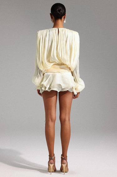 Lumière Drape Luxe Shorts Set - Tan side view showing shorts fit and silhouette