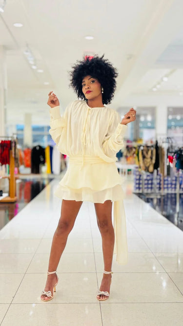 Lumière Drape Luxe Shorts Set - Tan close up of matching top design and fabric detail