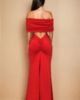 Women's Red maxi dress off-shoulder style back view
