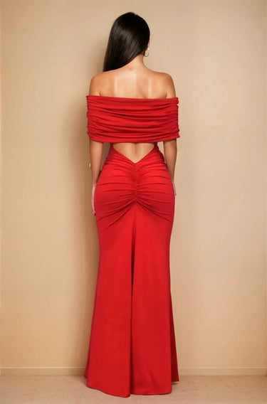 Women's Red maxi dress off-shoulder style back view
