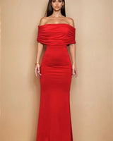 Luna Muse Off-Shoulder Maxi Dress - Red close up detail of off-shoulder design and fabric
