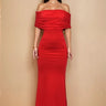 Luna Muse Off-Shoulder Maxi Dress - Red close up detail of off-shoulder design and fabric