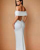 Luna Muse Off-Shoulder Maxi Dress - White close up detail of off-shoulder design and fabric